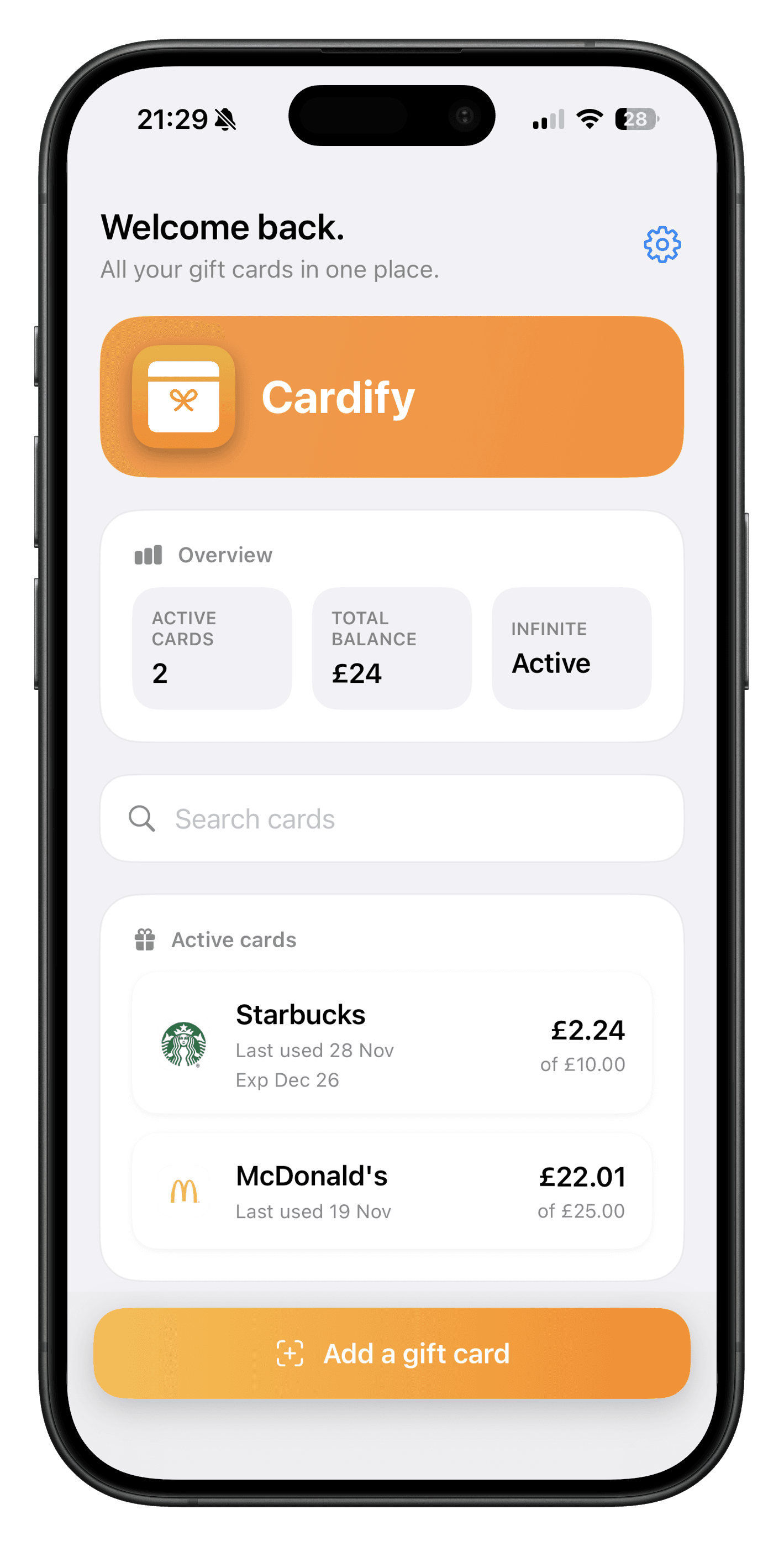 The Cardify home screen showing saved gift cards and balances